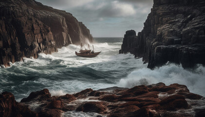Fototapeta na wymiar The sailing ship crashes against the rocky Asturias coastline generated by AI