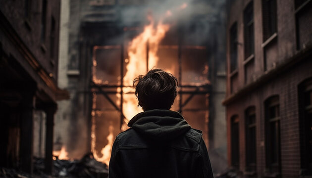 A lone man, hood up, walks past burning skyscraper generated by AI