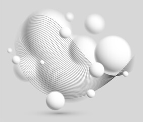 Light and soft 3D defocused spheres with particles wave flow vector abstract background, relaxing ambient theme with white balls in levitation, atmospheric wallpaper.
