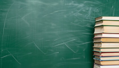 Green blackboard background with books, Chalk blackboard, back to school concept, Genetarice AI
