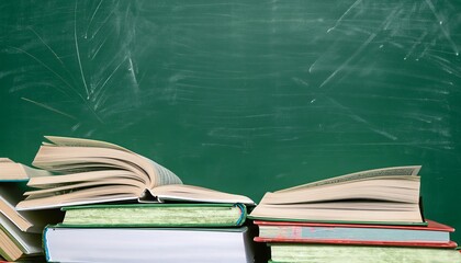 Green blackboard background with books, Chalk blackboard, back to school concept, Genetarice AI