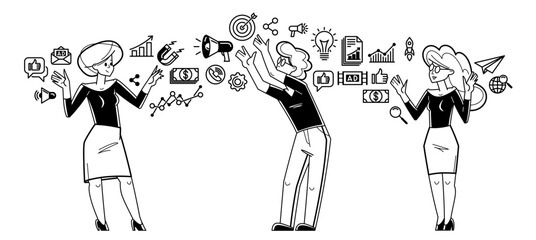 Marketing theme vector outline illustration, marketers team analyzing and creating plan and strategy, advertising business teamwork concept, reach a goal success.