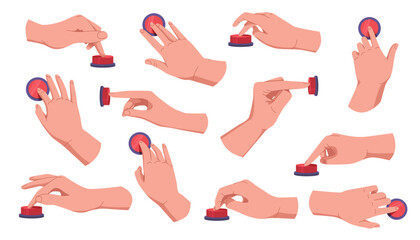 Hands pushing and pressing button set. Fingers pressing button. Turn on and off. Launch, start, control concept. Vector illustration EPS10