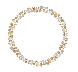 Hand drawn watercolor frame made of brown, beige, gray, stone . Round frame with copy space mock up. design element. Garden manor barrier illustration, architecture outdoor design element.