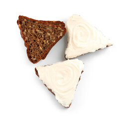 Tasty sandwiches with cream cheese on white background