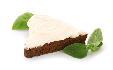 Tasty sandwich with cream cheese on white background