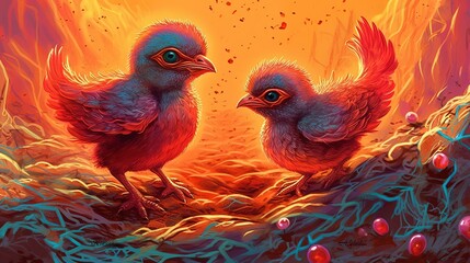 Baby phoenixes hatching from fiery eggs . Fantasy concept , Illustration painting.