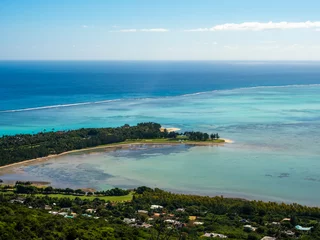 Poster Le Morne, Maurice Paradise golf resort by tourquise ocean from high angle view in Le Morne beach, Mauritius