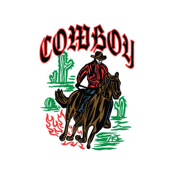 Cowboy riding a horse with a cowboy in a hat, vector illustration streetwear design
