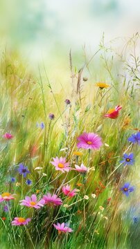 Meadow with wildflowers and sunshine, summer flowers in field colorful with green grass, serenity of vacation, insects and fragrance. Generative AI.