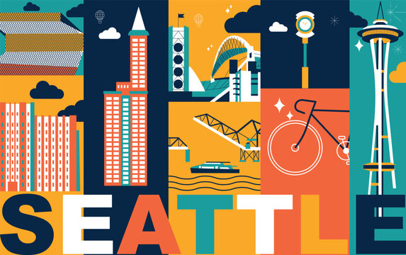 Seattle culture travel set, American famous architectures, USA in flat design. Business travel and tourism concept clipart. Image for presentation, banner, website, advert, flyer, roadmap, icons