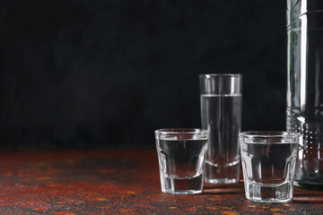 Glasses of vodka on table