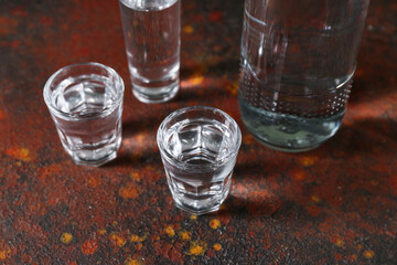 Glasses of vodka on grunge background