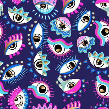Bright seamless pattern with colorful eyes. Texture background. Wallpaper for teenager girls. Women's fashion style