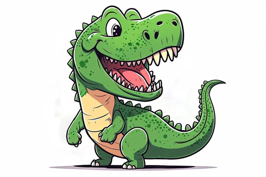 A Cartoon Sticker Style Illustration of a Happy T-Rex Dinosaur on a White Background