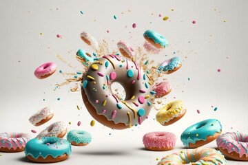 Lots of chocolate falling donuts on a white background. donut levitation. Generative Ai