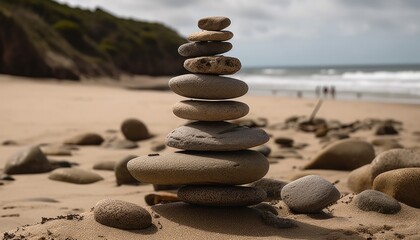 Fototapeta na wymiar Pyramid of zen stones on a sandy beach with sea in the background