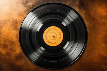 BLACK MUSIC VINYL WITH YELLOW CENTER. DARK BACKGROUND. AI ILLUSTRATION