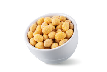 Cheese peanuts in a bowl on a white isolated background