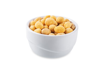 Cheese peanuts in a bowl on a white isolated background