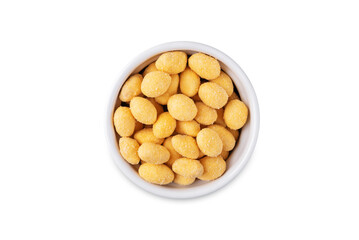 Cheese peanuts in a bowl on a white isolated background
