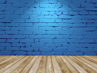 Brick wall with spotlight. Blue interior background wooden floor