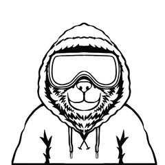 Bear mascot design of a snowboarder wearing a goggles.