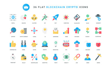Trendy flat color icons for cryptocurrency, blockchain, global digital crypto money trends, profit on fintech exchange analysis, bitcoin data mining, startup launch rocket vector illustration