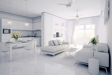 Naklejka na ściany i meble Cozy luxury modern interior design of a studio apartment in extra white colors with fashionable expensive furniture in a minimalist style. white tiled floor, kitchen, relaxation area and workplace