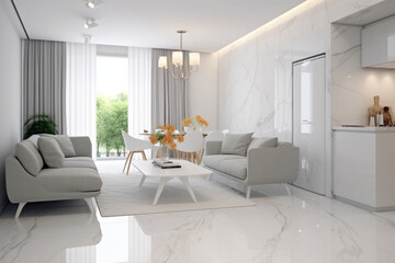 Cozy luxury modern interior design of a studio apartment in extra white colors with fashionable expensive furniture in a minimalist style. white tiled floor, kitchen, relaxation area and workplace