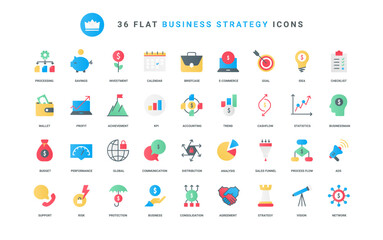 Fototapeta na wymiar Budget distribution and commerce support, vision and analysis of trends and KPI, marketing sales funnel and investment protection. Business strategy trendy flat icons set vector illustration