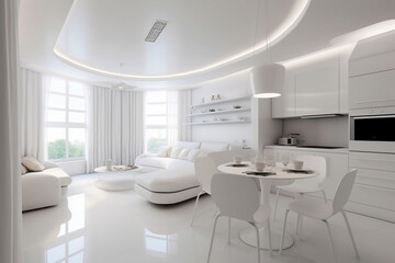 Cozy luxury modern interior design of a studio apartment in extra white colors with fashionable expensive furniture in a minimalist style. white tiled floor, kitchen, relaxation area and workplace