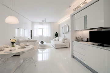 Fototapeta na wymiar Cozy luxury modern interior design of a studio apartment in extra white colors with fashionable expensive furniture in a minimalist style. white tiled floor, kitchen, relaxation area and workplace