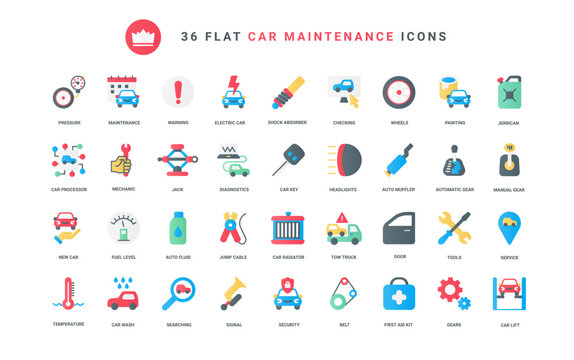 Trendy Flat Color Icons For Maintenance Repair Car Service, Auto Shop, Including Mechanic Tools, Equipment For Automotive Diagnostics In Garage, Tech Machine Parts, Engine Vector Illustration