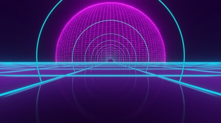 Virtual reality interior background glowing empty arched pass 3d render