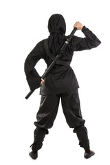 Female ninja with sword on white background, back view © Pixel-Shot