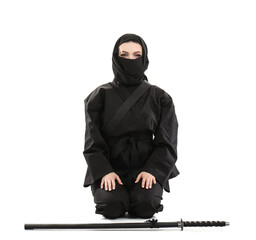 Female ninja with sword on white background © Pixel-Shot