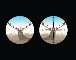 illustration of a meadow landscape in the shape of a round shape with an animal similar to a deer with dark brown horns looking towards the front and next to it there is a sign for the size of a rifle