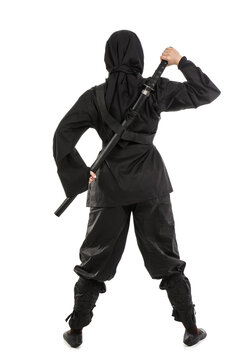 Female ninja with sword on white background, back view