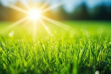 Fototapeta na wymiar Illustration of sun rays shining through lush green blades of grass