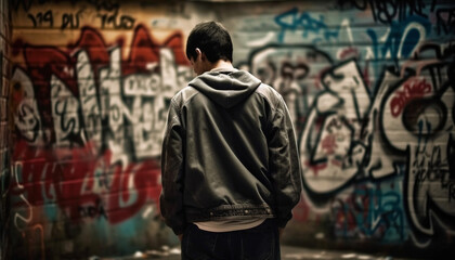 Hooded Caucasian male standing alone, vandalizing brick wall with graffiti generated by AI - obrazy, fototapety, plakaty