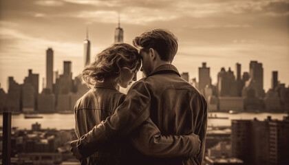 Fototapeta na wymiar Two young adults embrace in city skyline, love and togetherness generated by AI