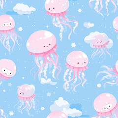 Seamless pattern with cute jellyfish