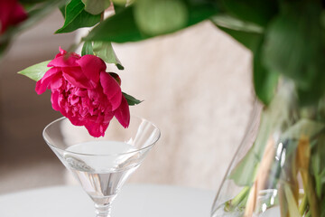 Glass with water and red peony in living room