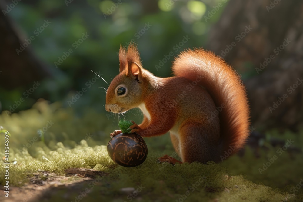 Sticker red squirrel holding a nut in its mouth