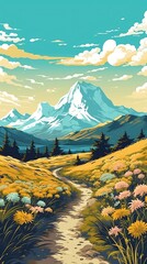 Landscape painting with a mountain landscape and a path with flowers. Generative AI.