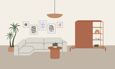 Living room with comfortable sofa, cabinet, plants and other decor. Interior design modern furniture vector flat illustration in japandi or scandinavian minimal style. 
