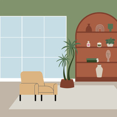 Living room with armchair, plants and other furniture. Interior design vector flat illustration in japandi or scandinavian minimal style