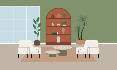 Living room with armchairs, table, window, plants and other furniture. Interior design vector flat illustration in japandi or scandinavian minimal style