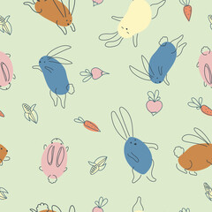 Seamless pattern with funny rabbits. Animal print. Pets. Festive decor. A pattern of simple elements. Vector illustration.